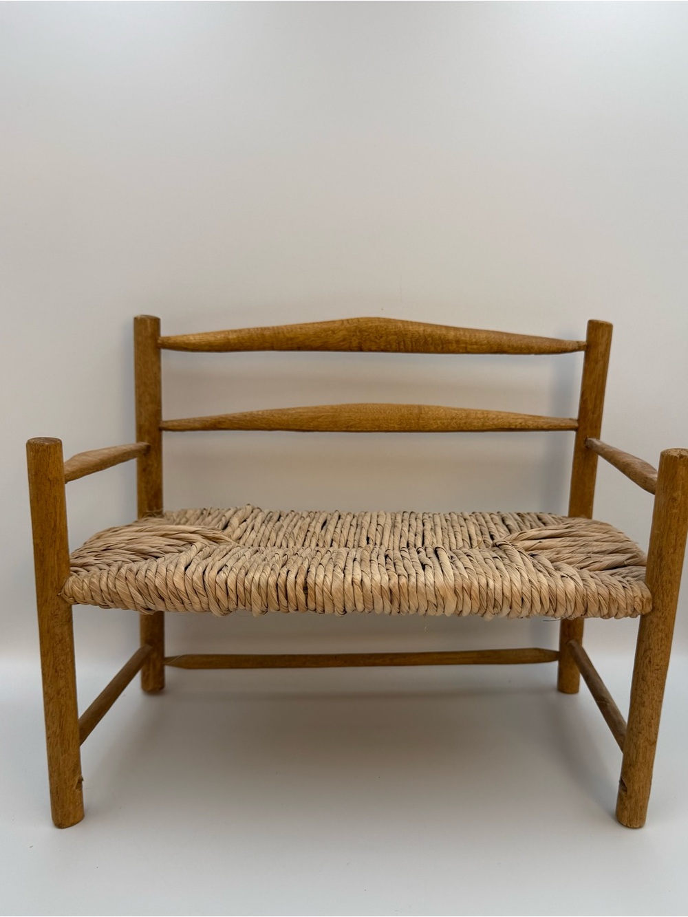 Vintage Miniature Wooden Bench with Rattan Seat 12” Long